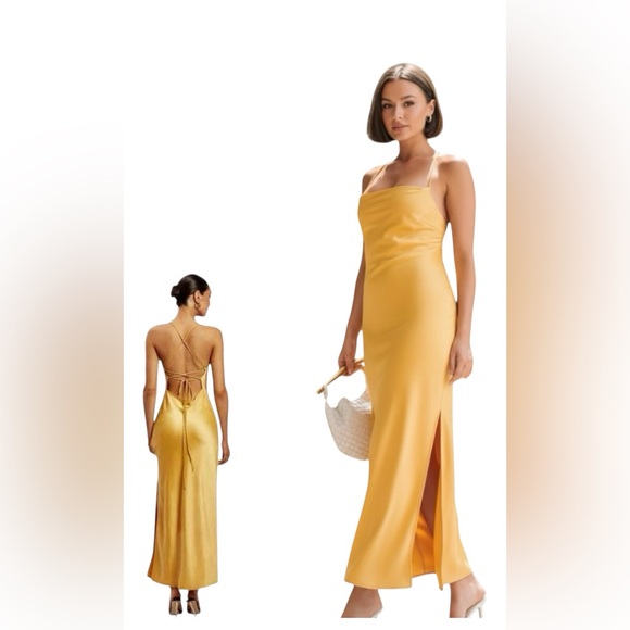 Sydney Yellow Satin Straight Neck Slip Maxi Dress Size Medium - Picture 2 of 7